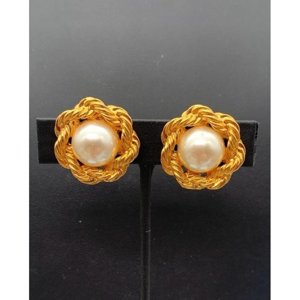 Vintage Napier Earrings Gold Tone Faux Pearl Screw Back Clip On Twisted Rope